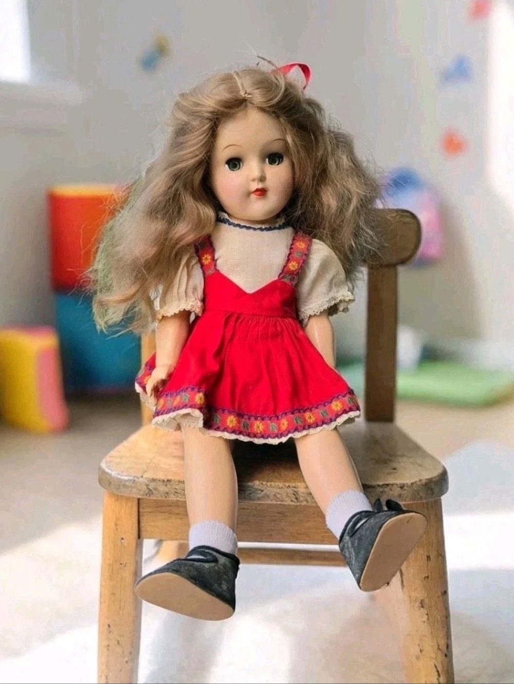 Vintage Ideal Toni Doll P-91 Hard Plastic Nylon Wig Original Red Dress USA 16"